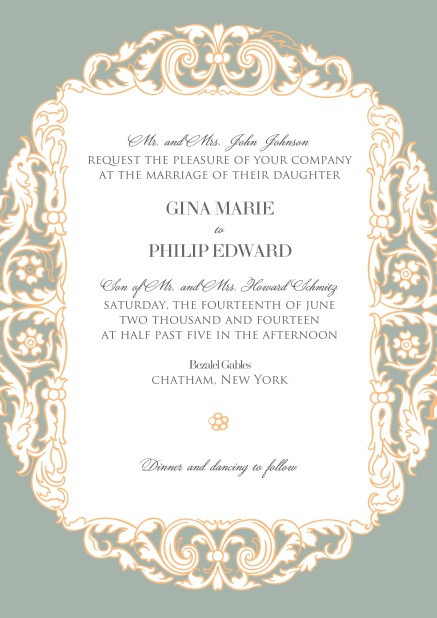 Grey online wedding invitation card with pink flowers around white text area.