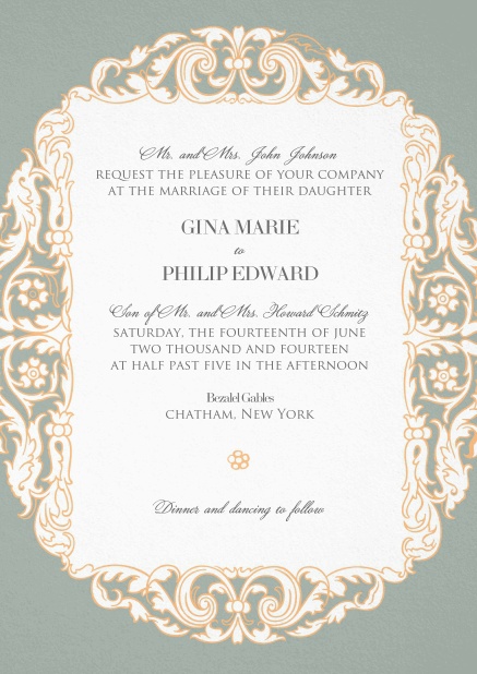 Grey wedding invitation card with pink flowers around white text area.