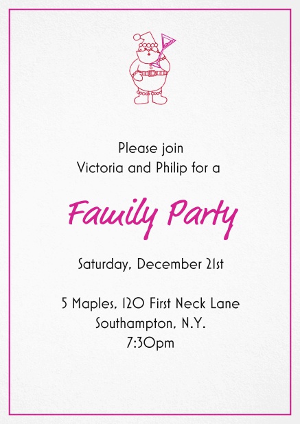 Christmas party invitation card with little Santa at the top Pink.