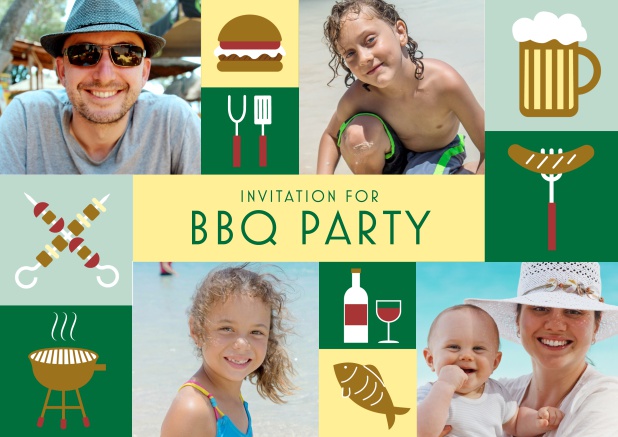 Online BBQ invitation card with classic grill images and photo fields to upload own photos.