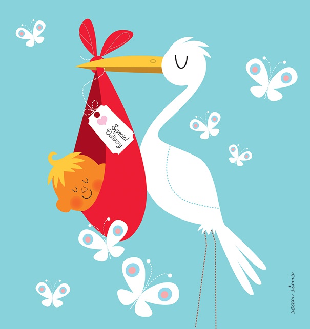 Baby Shower Einladungskarte mit Storch und Baby.