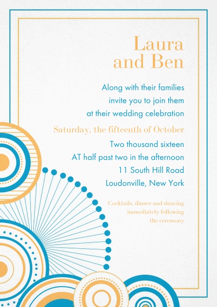 Modern invitation card with colorful frame and circles.