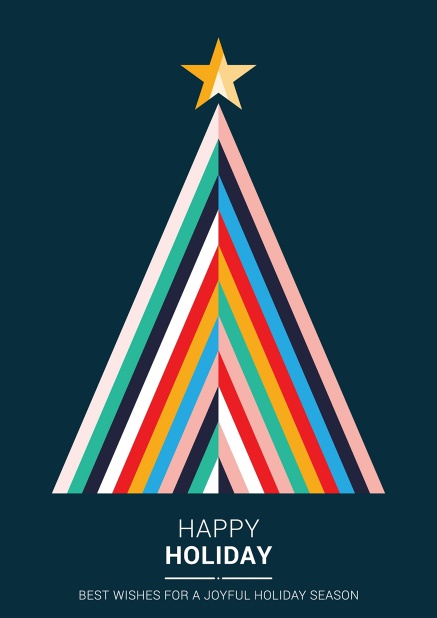 Online Weihnachtskarte mit illustriertem Weihnachtsbaum aus bunten Streifen.