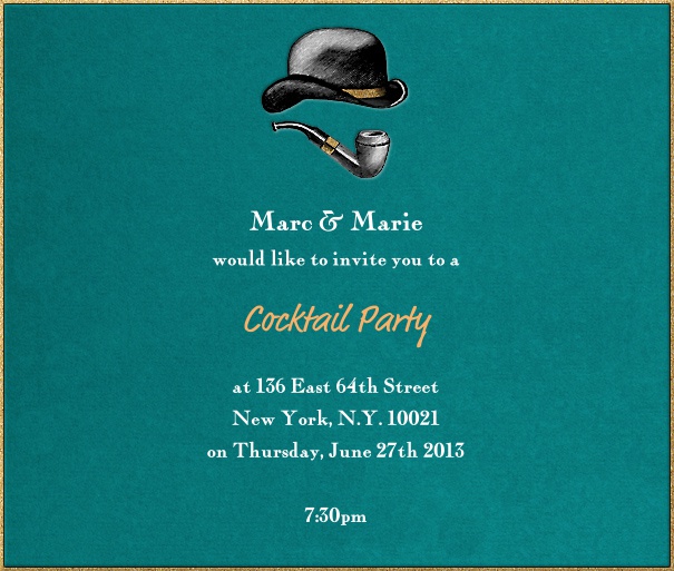 Square Sherlock Holmes Themed Invitation Design with Bowler and Pipe.