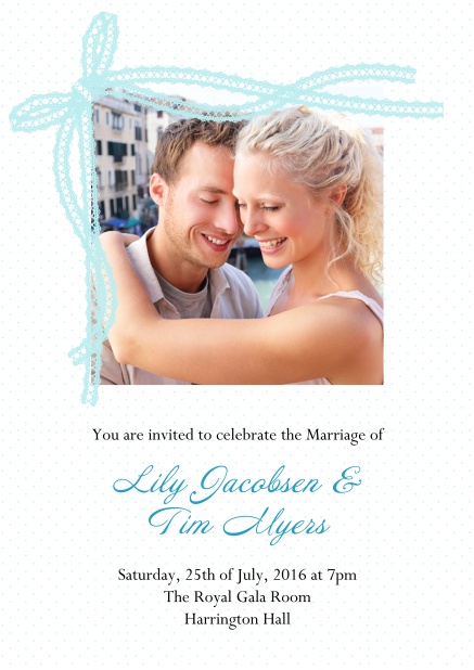 Online Wedding invitation card with blue ribbon and photo