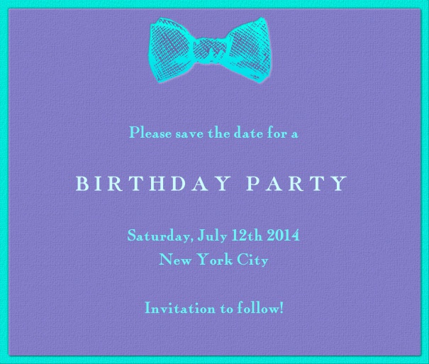 Purple Modern Event Save the Date Card with Turquoise Bow tie.