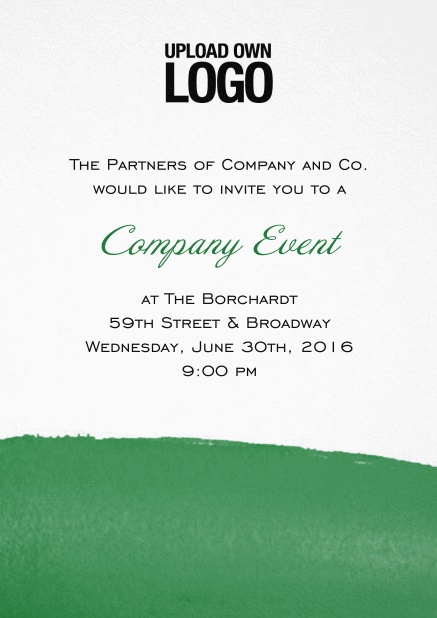 Weiße Einladungskarte zum Firmenevent mit kunstlerischem blauem unteren Rand, Logo-Option und Textfeld. Grün.