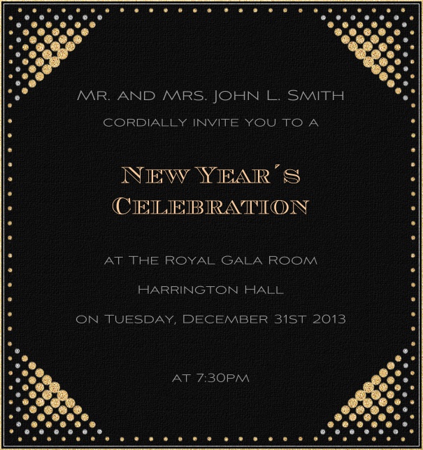 Black celebration high format invitation card with disco lights in all four corners.