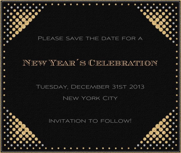 Black Event Celebration Save the Date Template with New Year's Theme and Gold Disco Border.