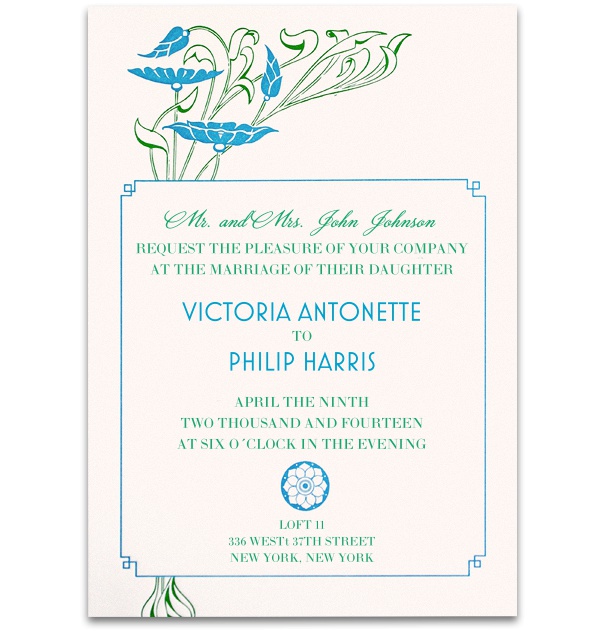 White Online Wedding Invitation with blue border and blue and green flower motif.