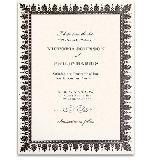 White and grey formal Wedding Save the date online with grey frame of flowers.