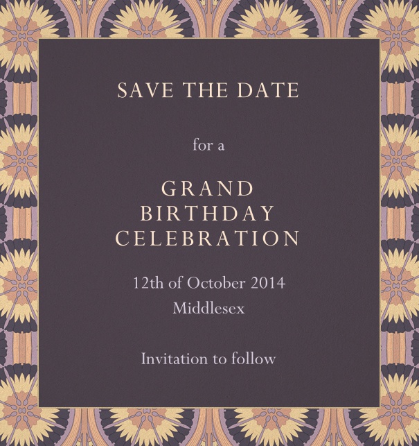 Online Birthday Save the Date with colorful art-deco border.