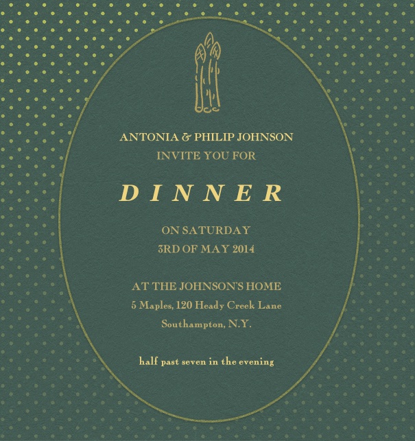 Green online invitation template to dinner with oval frame for text and dotted background.