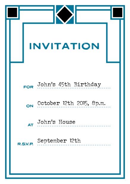 Online invitation card with art deco design for birthday invitations or other occasions. Blue.
