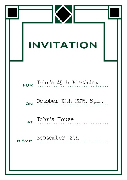 Online invitation card with art deco design for birthday invitations or other occasions. Green.