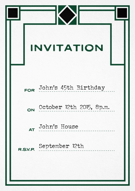 Birthday invitation fill out card with art nouveau design and editable text. Green.