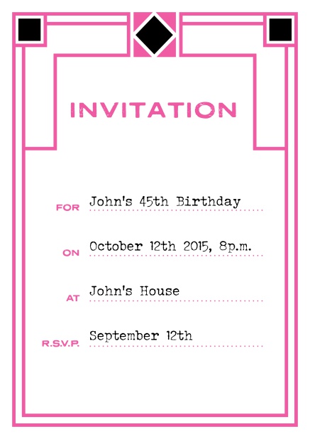 Online invitation card with art deco design for birthday invitations or other occasions. Pink.