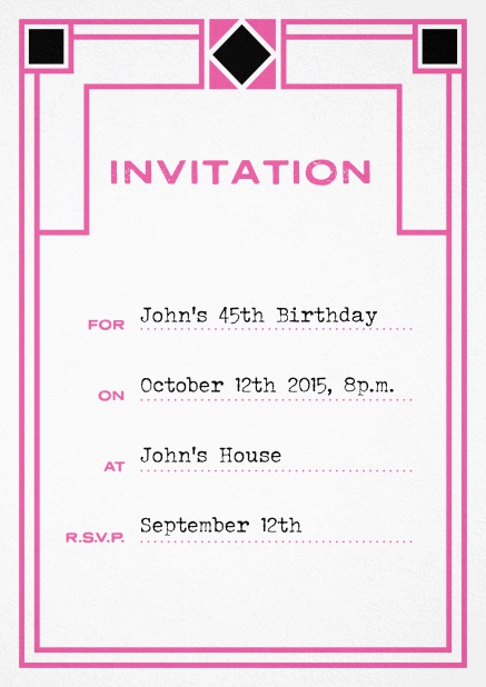 Birthday invitation fill out card with art nouveau design and editable text. Pink.