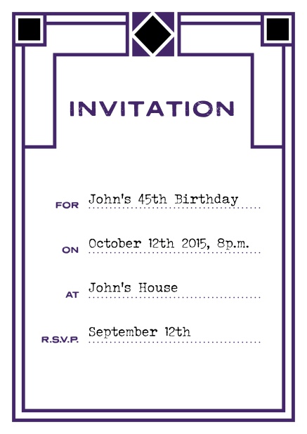 Online invitation card with art deco design for birthday invitations or other occasions. Purple.