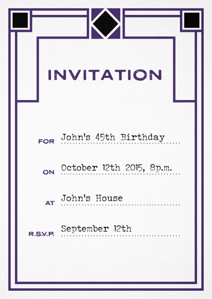 Birthday invitation fill out card with art nouveau design and editable text. Purple.