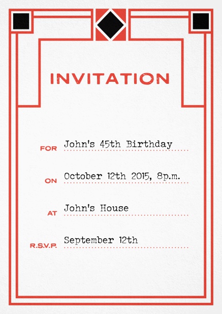 Birthday invitation fill out card with art nouveau design and editable text. Red.