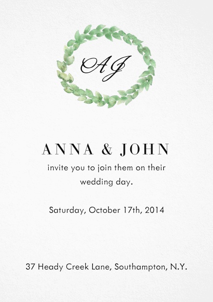 Wedding invitation card with green laurel wreath, initials and editable text.