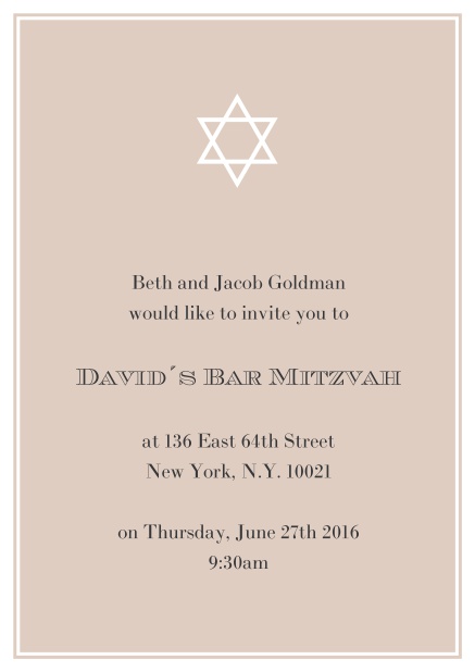 Online Bar or Bat Mitzvah Invitation card in choosable colors with Star of David at the top. Beige.