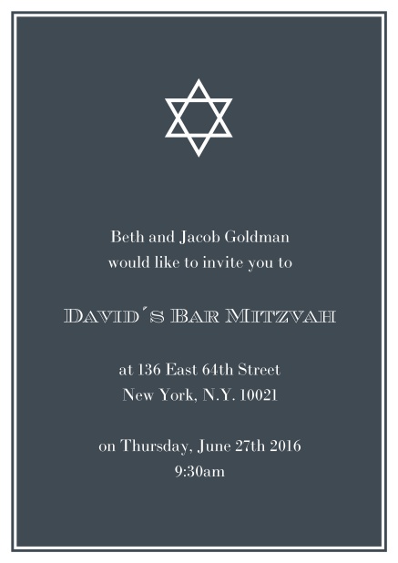 Online Bar oder Bat Mitzvah Einladungskarte in auswählbaren Farben mit Davidstern. Schwarz.