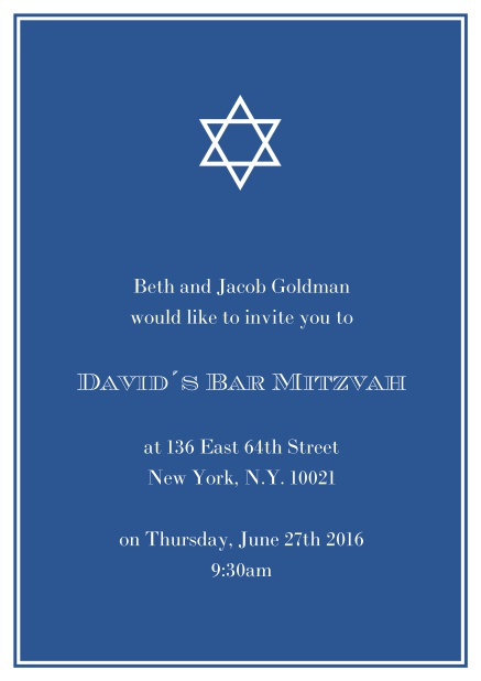 Online Bar or Bat Mitzvah Invitation card in choosable colors with Star of David at the top. Blue.