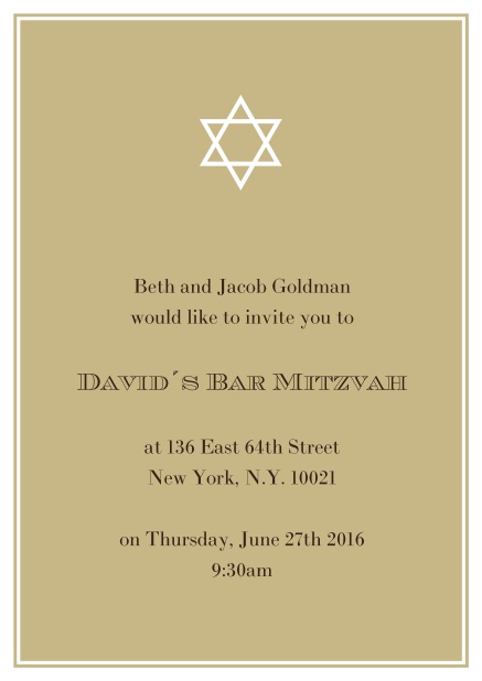 Online Bar or Bat Mitzvah Invitation card in choosable colors with Star of David at the top. Gold.