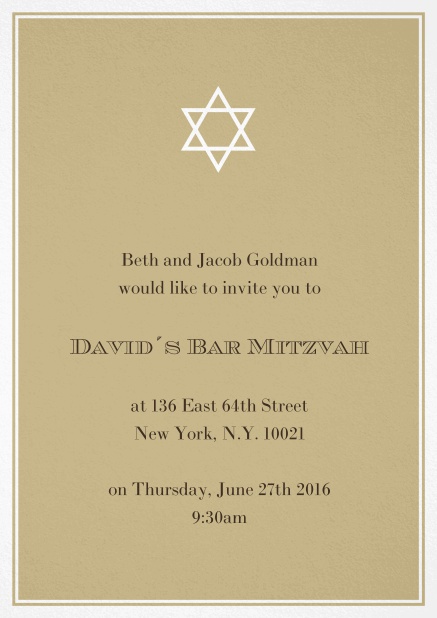 Bar oder Bat Mitzvah Einladungskarte in auswählbaren Farben mit Davidstern. Gold.