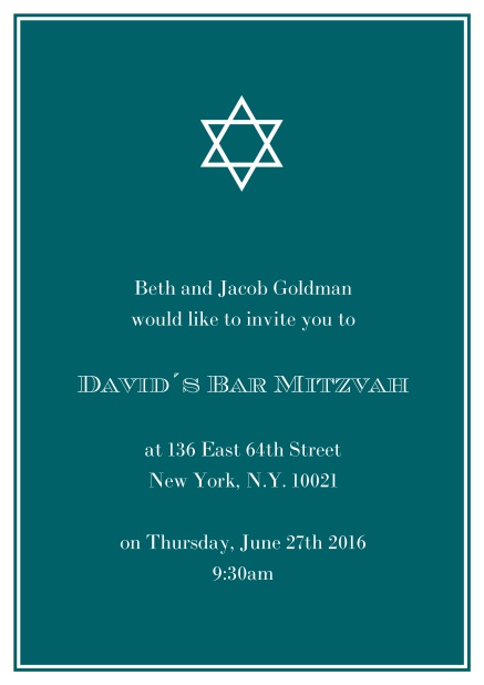 Online Bar or Bat Mitzvah Invitation card in choosable colors with Star of David at the top. Green.