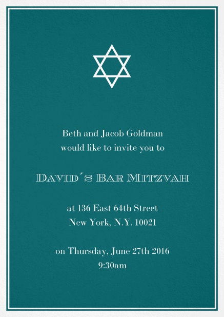 Bar or Bat Mitzvah Invitation card in choosable colors with Star of David at the top. Green.