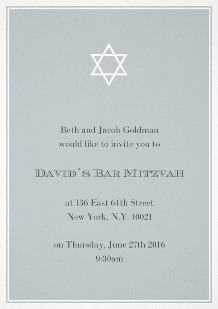 Bar oder Bat Mitzvah Einladungskarte in auswählbaren Farben mit Davidstern. Grau.