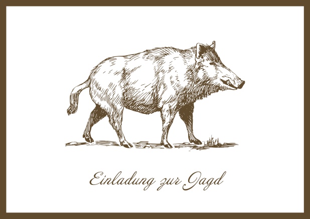 Online Hunting invitation card with illustrated strong wild boar Brown.