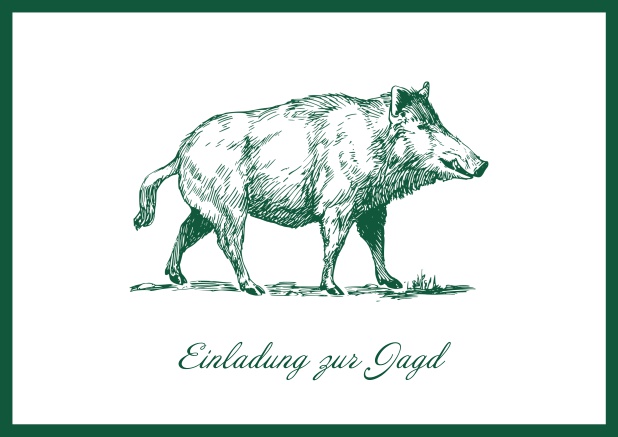 Online Hunting invitation card with illustrated strong wild boar Grün.
