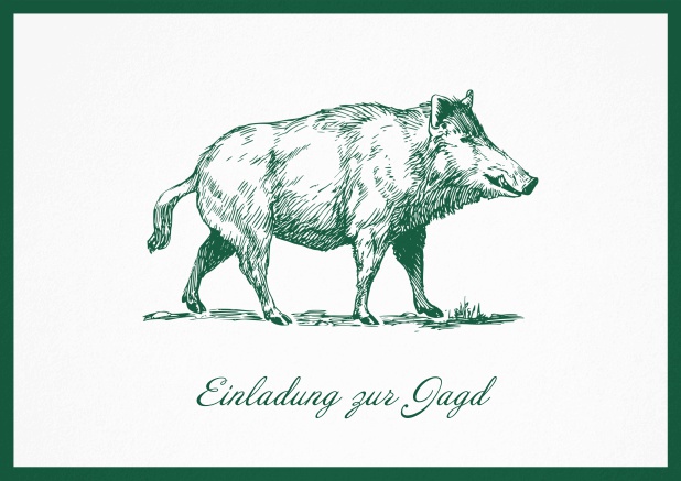Hunting invitation card with illustrated strong wild boar Green.
