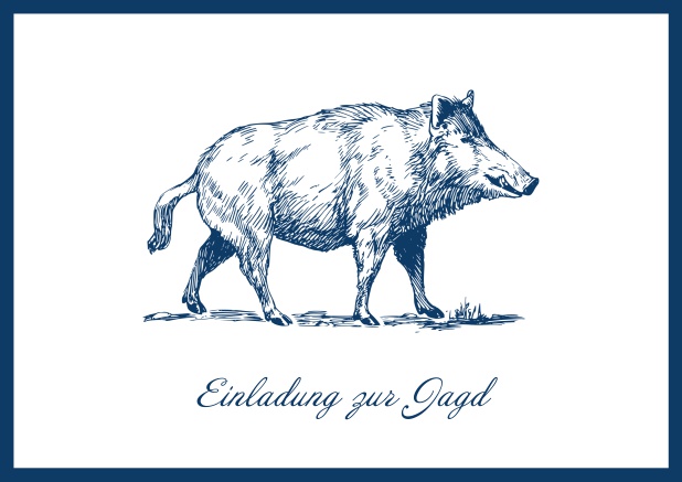 Online Hunting invitation card with illustrated strong wild boar Navy.