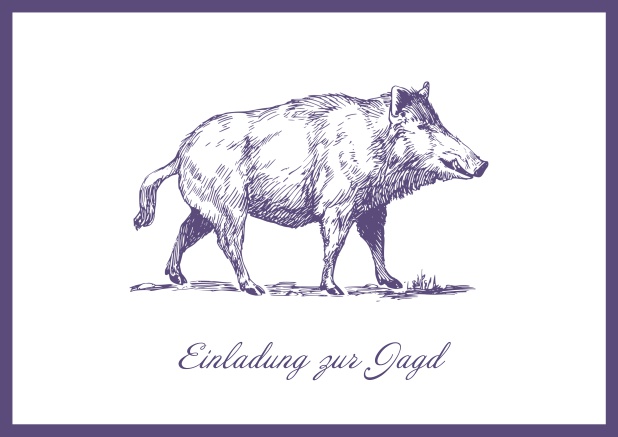 Online Hunting invitation card with illustrated strong wild boar Purple.