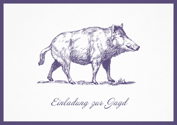 Hunting invitation card with illustrated strong wild boar Purple.