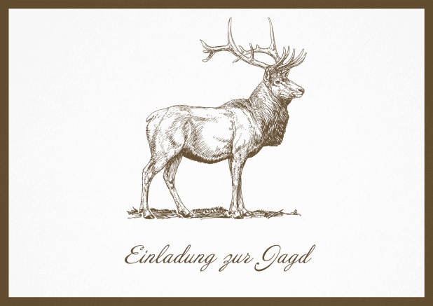 Hunting invitation card with illustrated strong stag on the front.