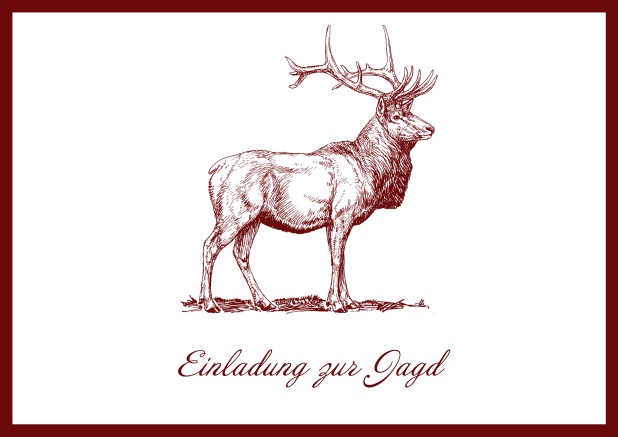 Online Hunting invitation card with illustrated strong stag on the front. Red.