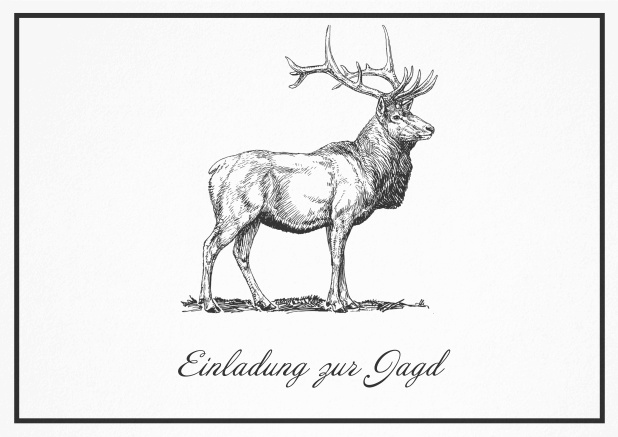 Classic hunting invitation card with a large stag and a fine frame. Black.