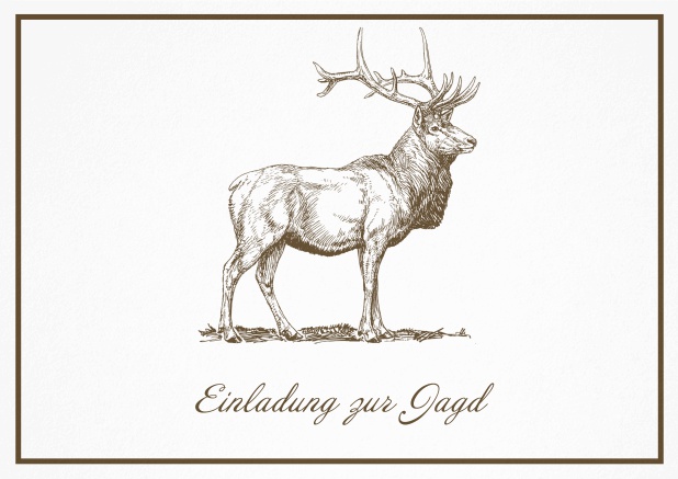 Classic hunting invitation card with a large stag and a fine frame. Brown.