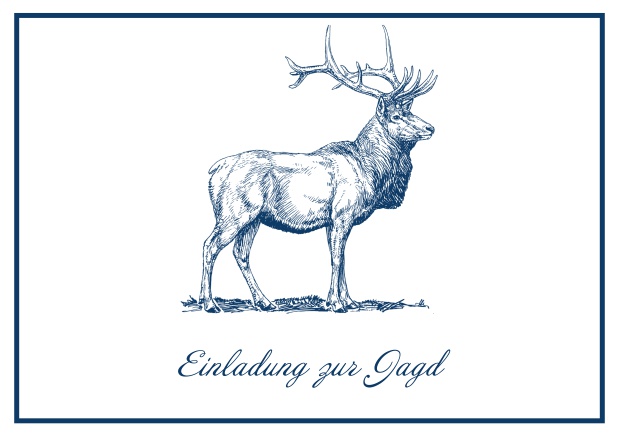 Classic online hunting invitation card with a large stag and a fine frame. Navy.