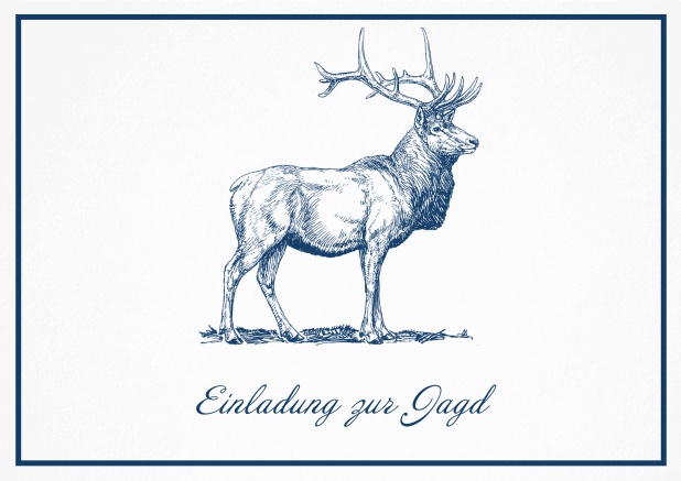 Classic hunting invitation card with a large stag and a fine frame. Navy.