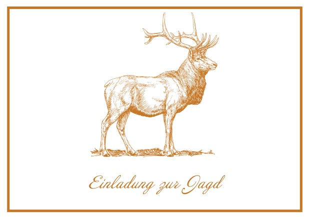 Classic online hunting invitation card with a large stag and a fine frame. Orange.