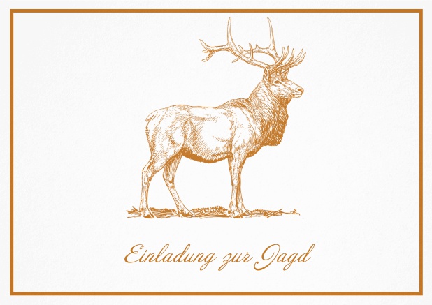 Classic hunting invitation card with a large stag and a fine frame. Orange.