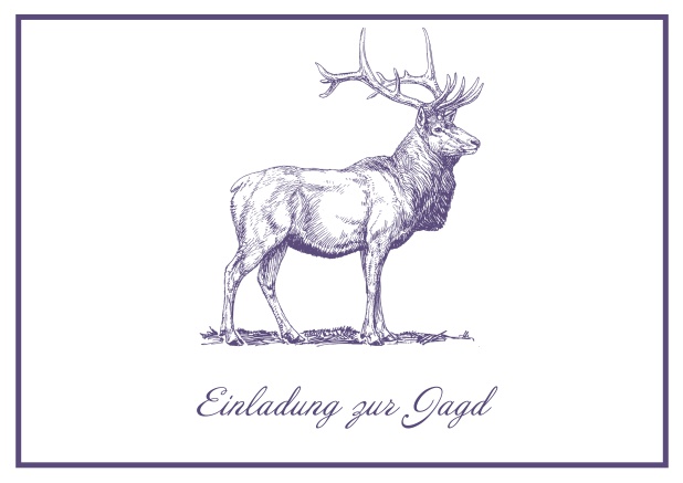 Classic online hunting invitation card with a large stag and a fine frame. Purple.