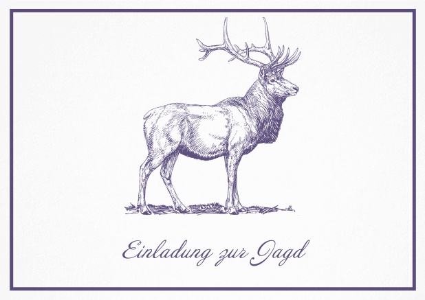 Classic hunting invitation card with a large stag and a fine frame. Purple.